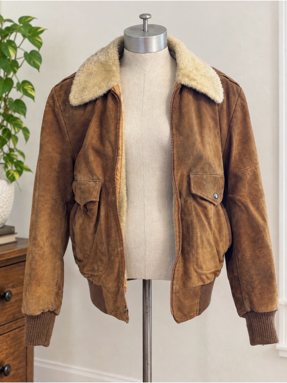Men's vintage Brown Suede Bomber Jacket with Cream Shearling Collar